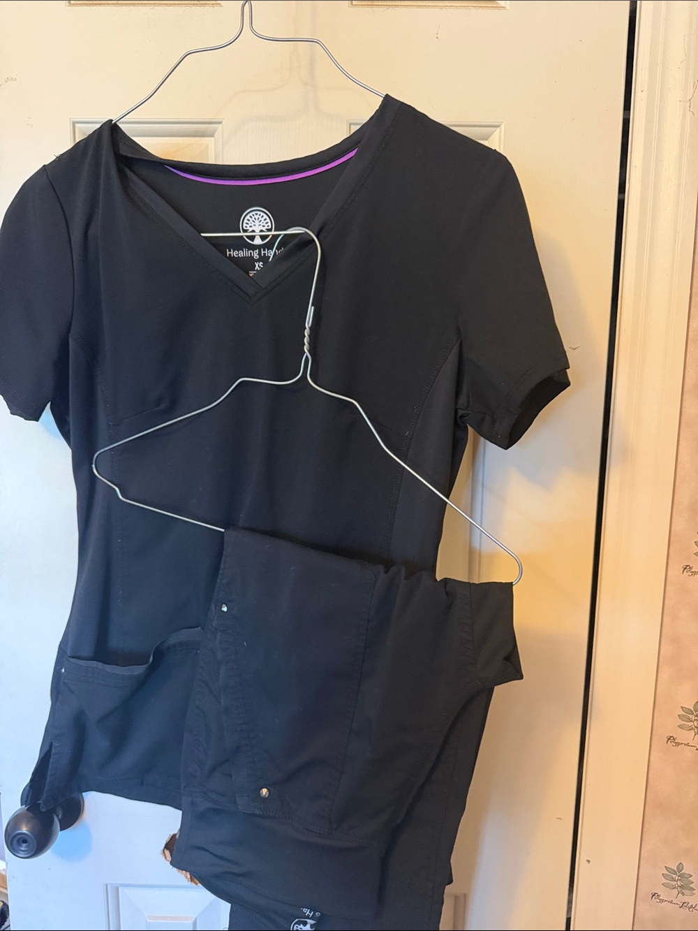 Healing Hands Women's Black V-Neck Scrub Top and Pants with Purple Trim